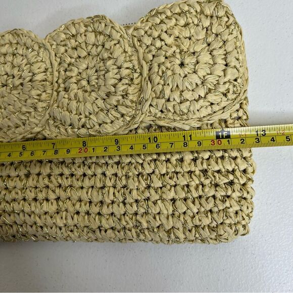 Talbots Paper Straw Gold Metallic Tan Leather Trim Top Zip Clutch Bag Strap - Picture 9 of 11